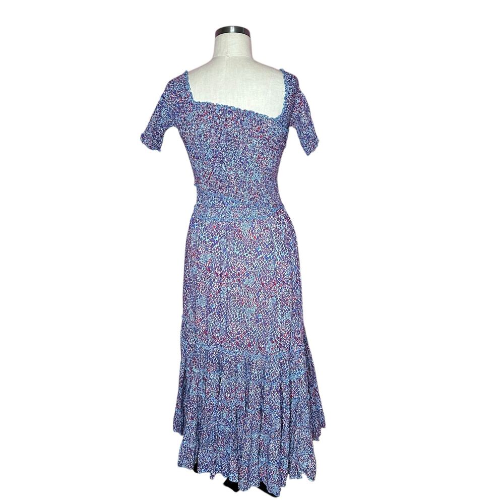 POUPETTE ST BARTH Soledad Off‎ Shoulder Blue Red Purple Patterned Midi Dress XS - Picture 3 of 8